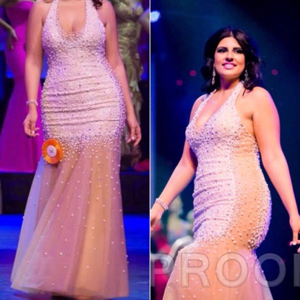 La Femme Champagne Beaded Pearl Ombré Formal Dress